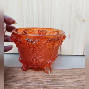 Vintage 70s Blood Orange Jeanette Pressed Glass Harvest Grapes Candy Dish